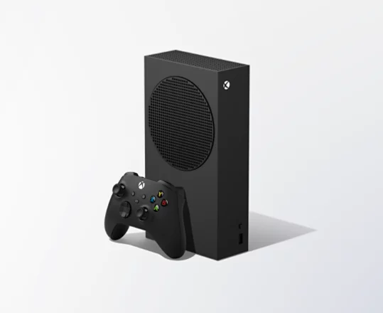 Right angle front view of the Xbox Series S - 1TB (Black) in front of a gray background.