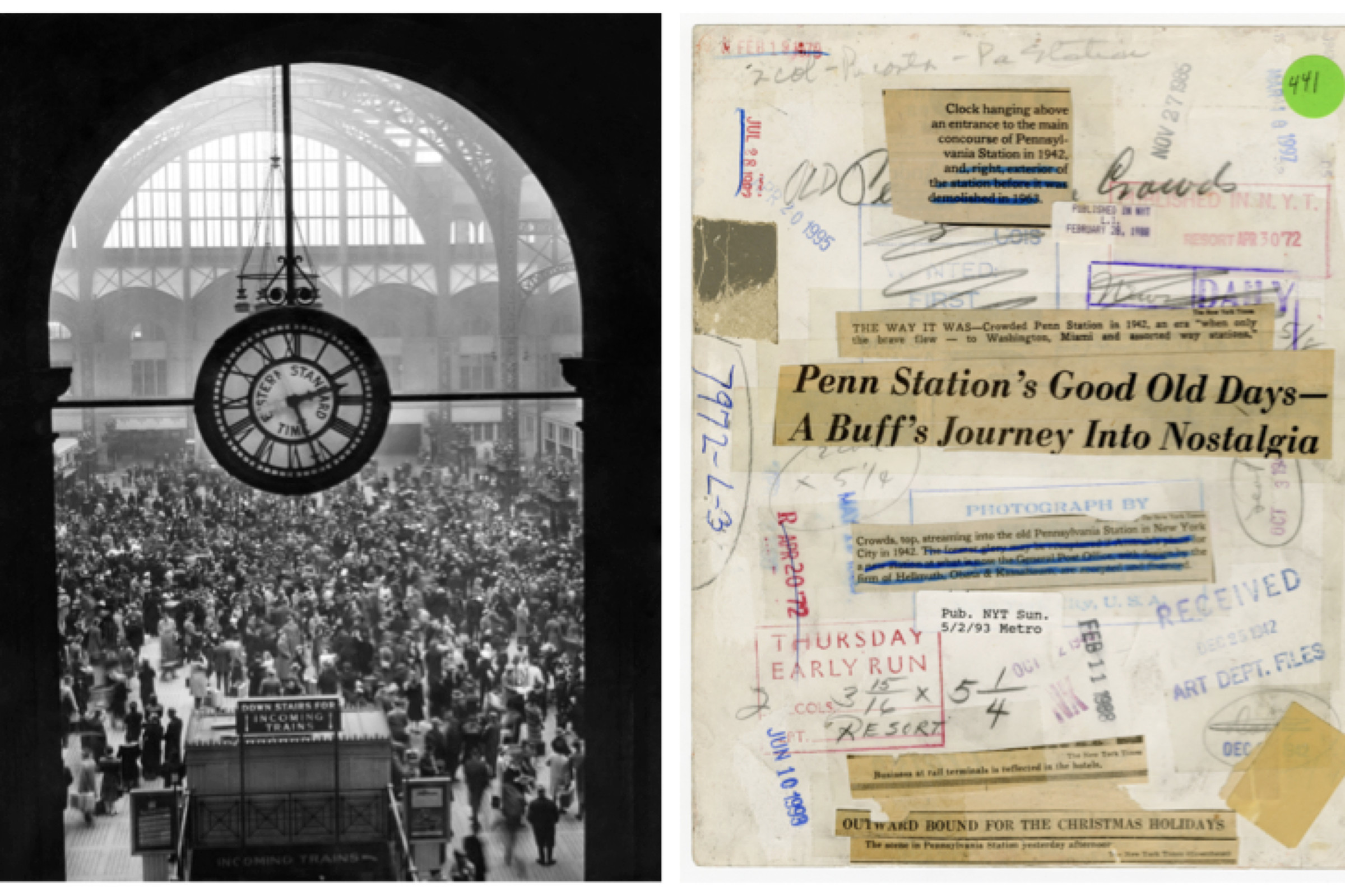 The front and back of a sample photo from The Morgue. It shows Penn Station in 1942, with the clippings on the back taken from captions in the paper. 