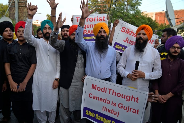 Members of Sikh community hold a protest against the killing of Hardeep Singh Nijjar, in Lahore, Pakistan, Wednesday, Sept. 20, 2023. 