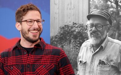 Jewish actor and comedian Andy Samberg, left, portrays World War II photographer David E. Scherman, right in the biographical film "Lee." (Images courtesy of Rich Polk via Getty Images for IMDb and Wikimedia via JTA)
