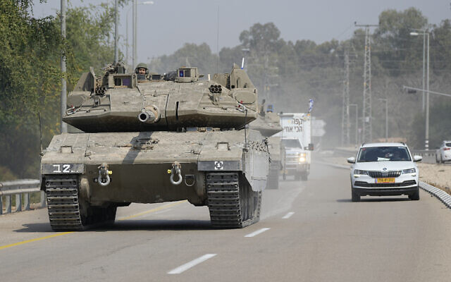Israeli tank heads south near Sderot, Israel, October 8, 2023. (AP Photo/Ohad Zwigenberg)
