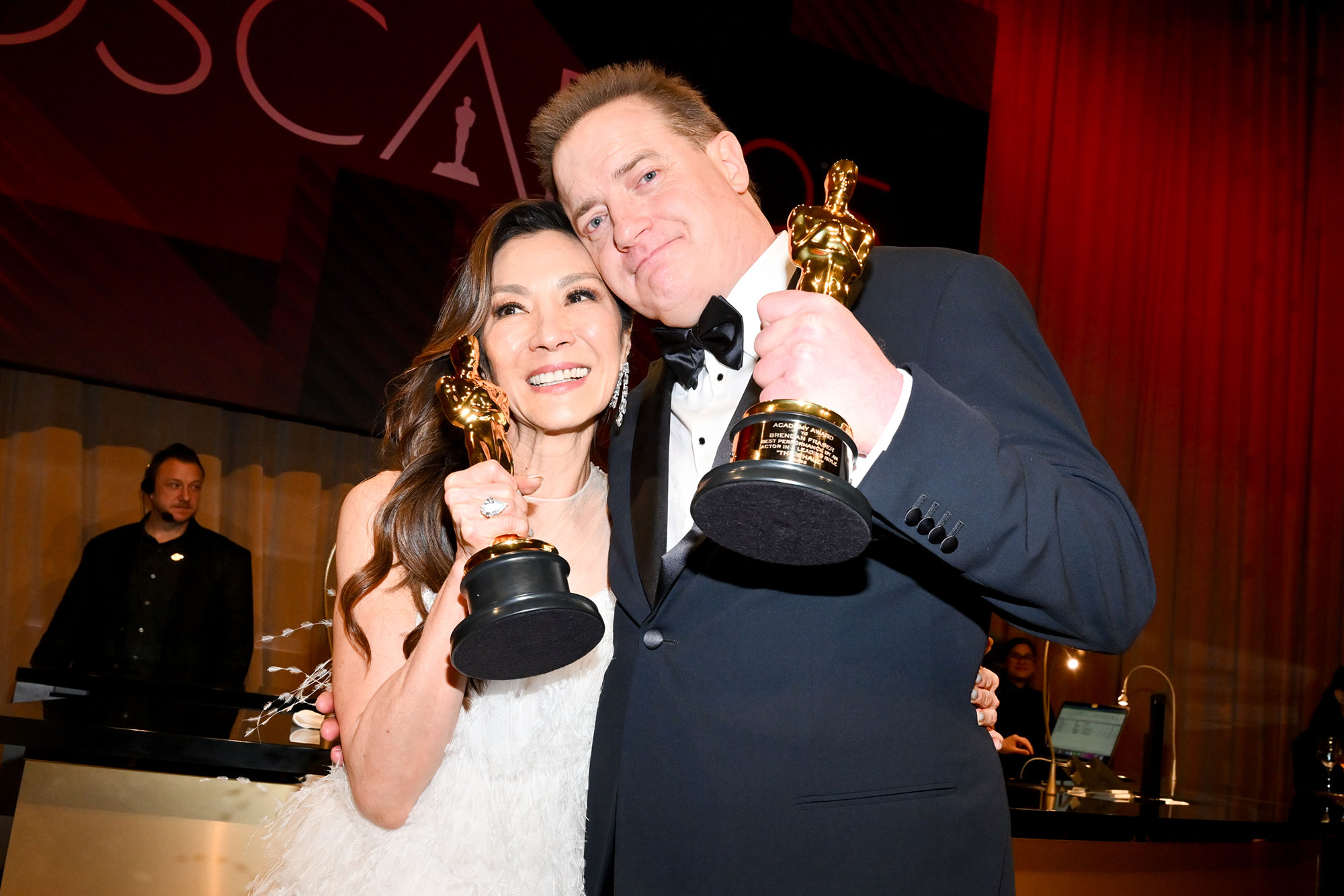 Michelle Yeoh, winner of the Best Actress in a Leading Role award for "Everything Everywhere All At Once," and Brendan Fraser, winner of the Best Actor in a Leading Role award for "The Whale", at the 95th Annual Academy Awards Governors Ball held at Dolby Theatre on March 12, 2023 in Los Angeles, California.