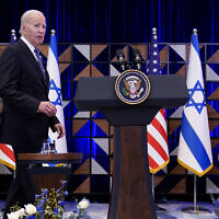 President Joe Biden walks to the podium to deliver remarks on the war between Israel and Hamas, Wednesday, Oct. 18, 2023, in Tel Aviv. (AP Photo/Evan Vucci)