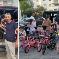 Composite image widely distributed on social media showing Alaa Amara distributing bicycles to evacuee children, on Thursday, October 12, 2023. (used in accordance with Clause 27a of the Copyright Law)