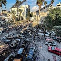 The scorched parking lot of the Al-Ahli Baptist Hospital in Gaza City after an overnight blast there, October 18, 2023. (Courtesy; used in accordance with Clause 27a of the Copyright Law)