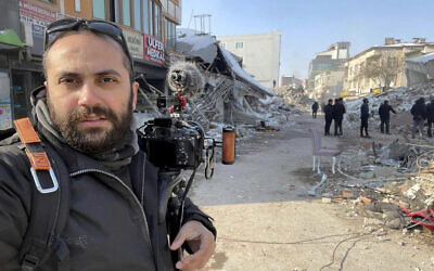 Issam Abdallah, a videographer for the Reuters news agency, poses for a selfie while working in Maras, Turkey, on February 11, 2023. (Issam Abdallah/Reuters via AP)