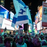 In New York's Times Square, thousands of Israel supporters demand the release of hostages held by Hamas on Oct. 19, 2023. (Luke Tress)