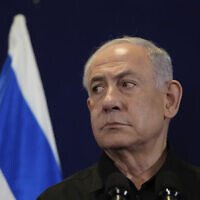 Prime Minister Benjamin Netanyahu attends a press conference in Tel Aviv, Oct. 17, 2023. (AP/Maya Alleruzzo, Pool)