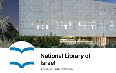 A screenshot of the National Library of Israel Facebook page on October 3, 2023, now back to its former logo after a new one was heavily criticized (Courtesy National Library of Israel Facebook page)