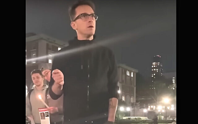Columbia University Prof. Shai Davidai speaks out against 'pro-terror student organizations' in a video recorded on campus in New York City, October 19, 2023. (YouTube screenshot, used in accordance with Clause 27a of the Copyright Law)