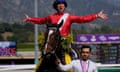 Frankie Dettori celebrates atop Inspiral after victory in the Filly & Mare Turf .