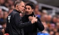 Mikel Arteta talks to fourth official Graham Scott during Arsenal's controversial defeat