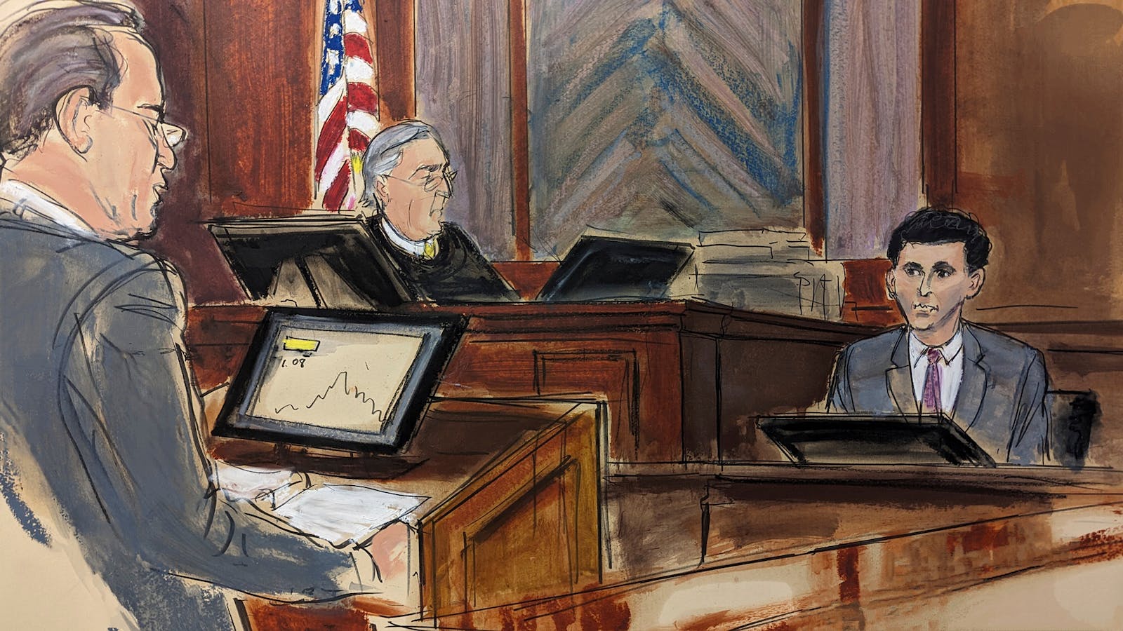Sam Bankman-Fried is questioned by his attorney Mark Cohen, left, as Judge Lewis Kaplan looks on from the bench as Bankman-Fried testifies in his trial at Manhattan federal court on Friday. Sketch by Elizabeth Williams via AP.