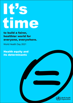 Document cover for "Health equity and its determinants" blue background with a "=" symbol.