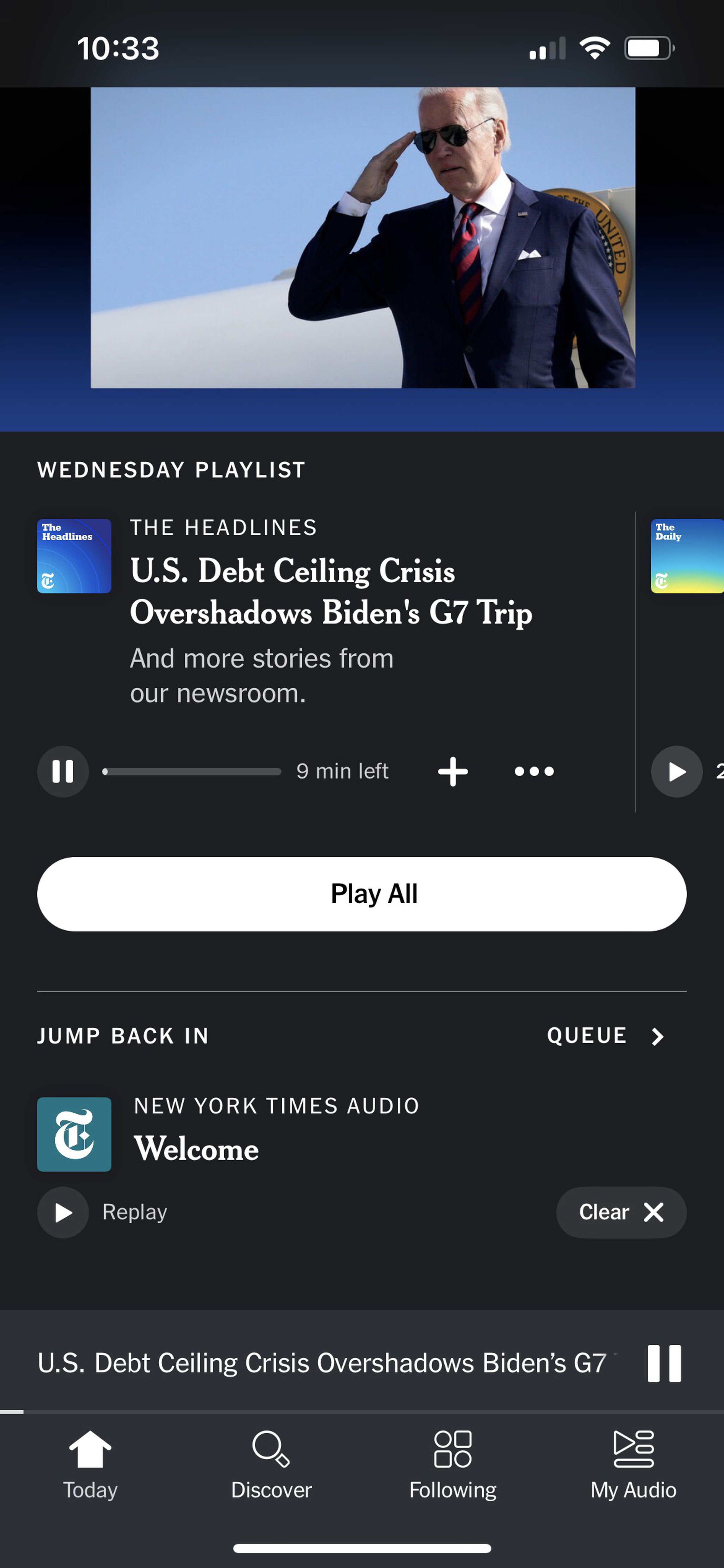 A screenshot of the New York Times Audio app for iOS.