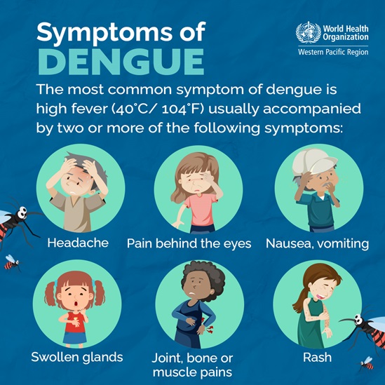 Images showing symptoms of dengue - headache, nausea, rash, pain behind the eyes
