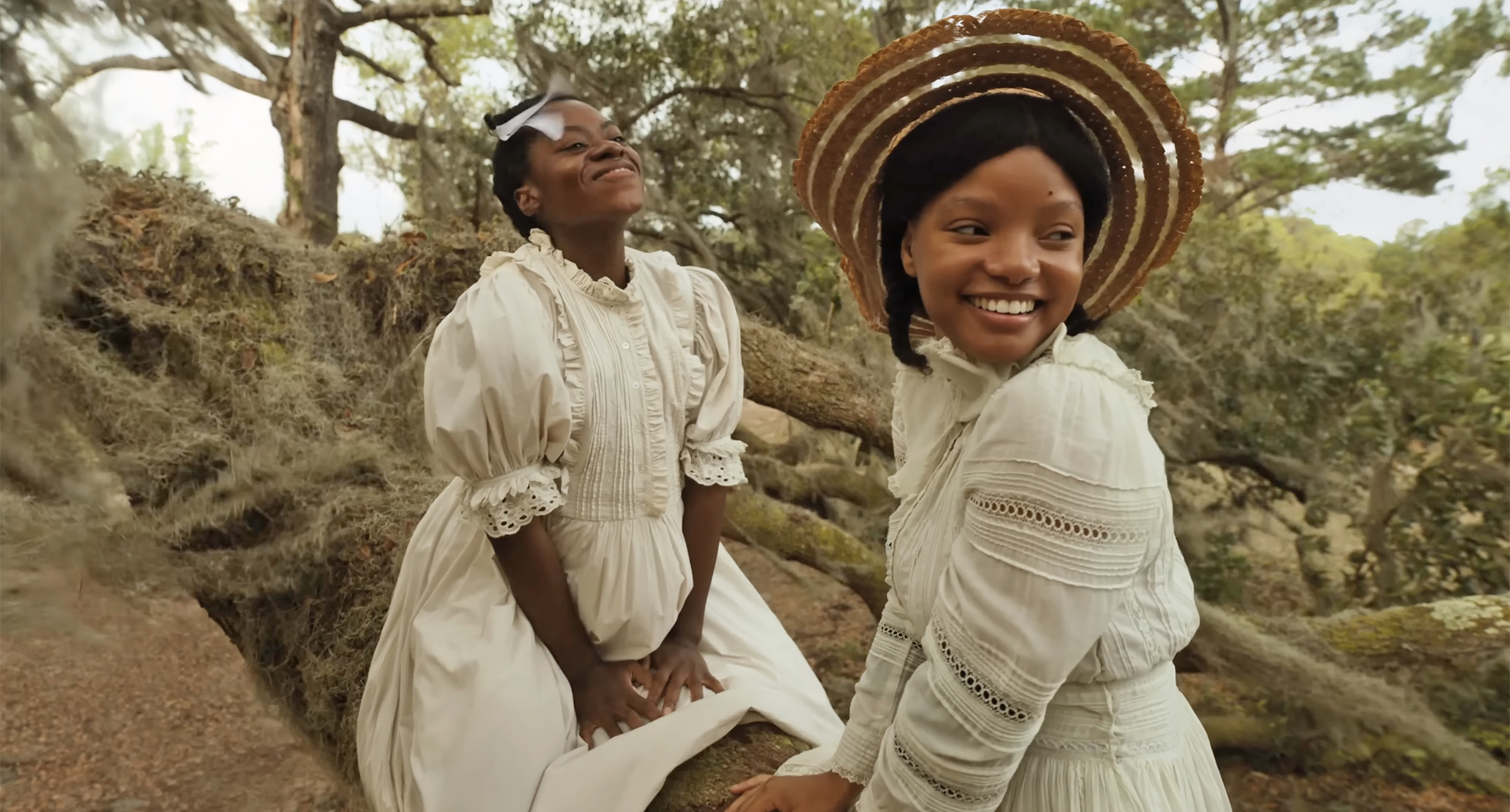 Two young Black girls in white dresses sitting in a tree.