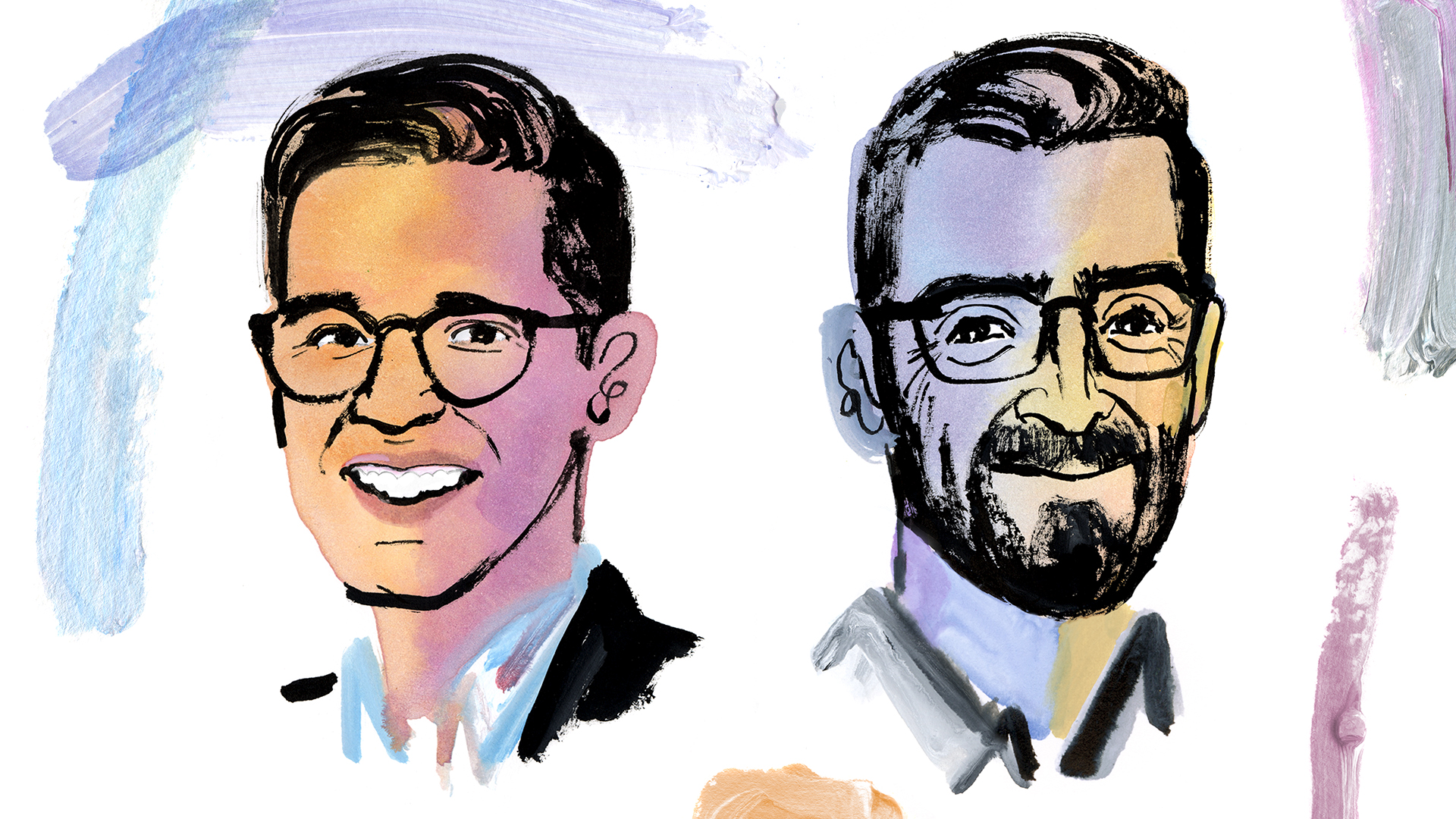 Illustrated portraits of Alec Stapp and Caleb Watney