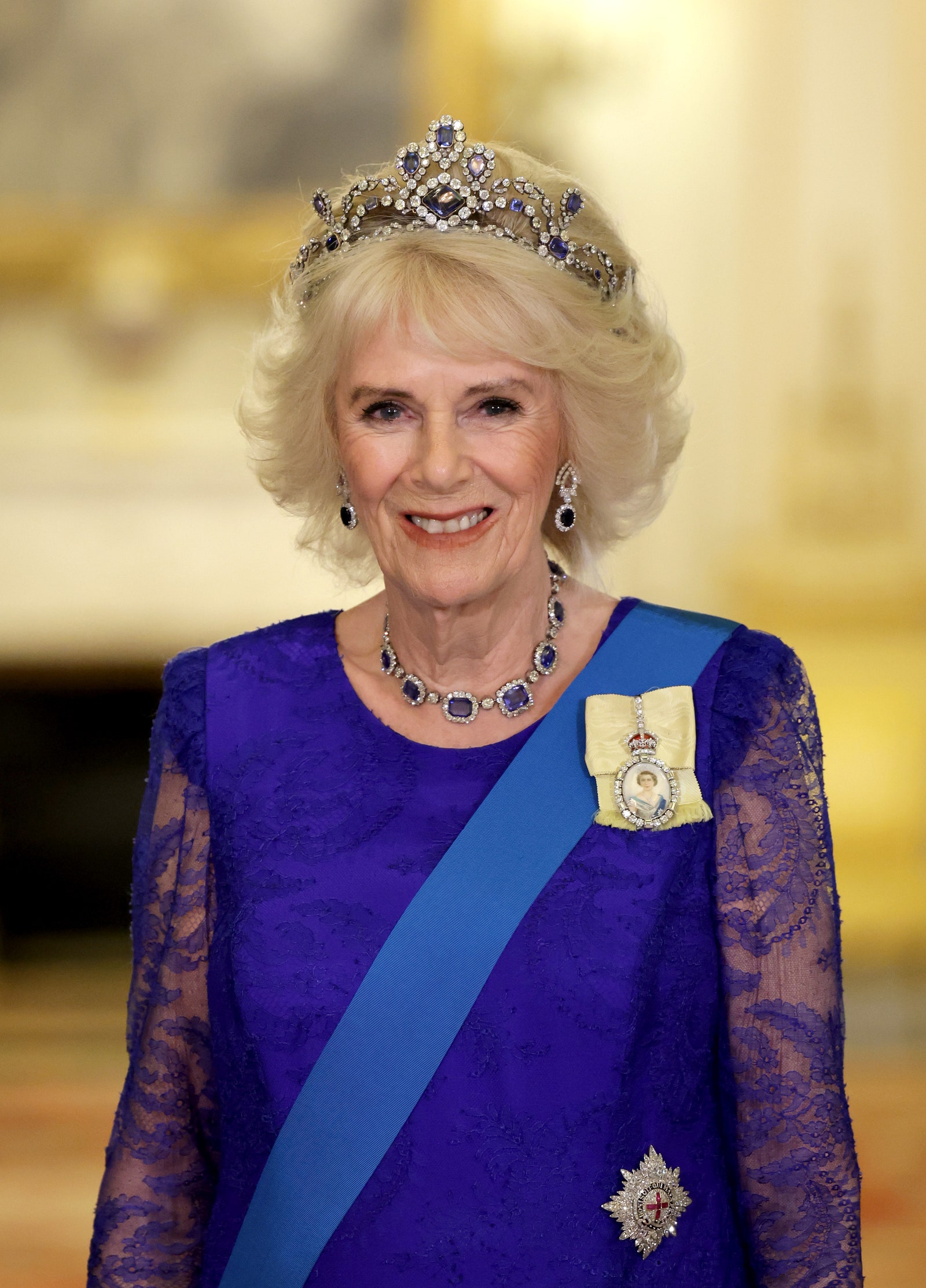Queen Camilla wears the Belgian Sapphire Tiara at the South African state banquet December 2022