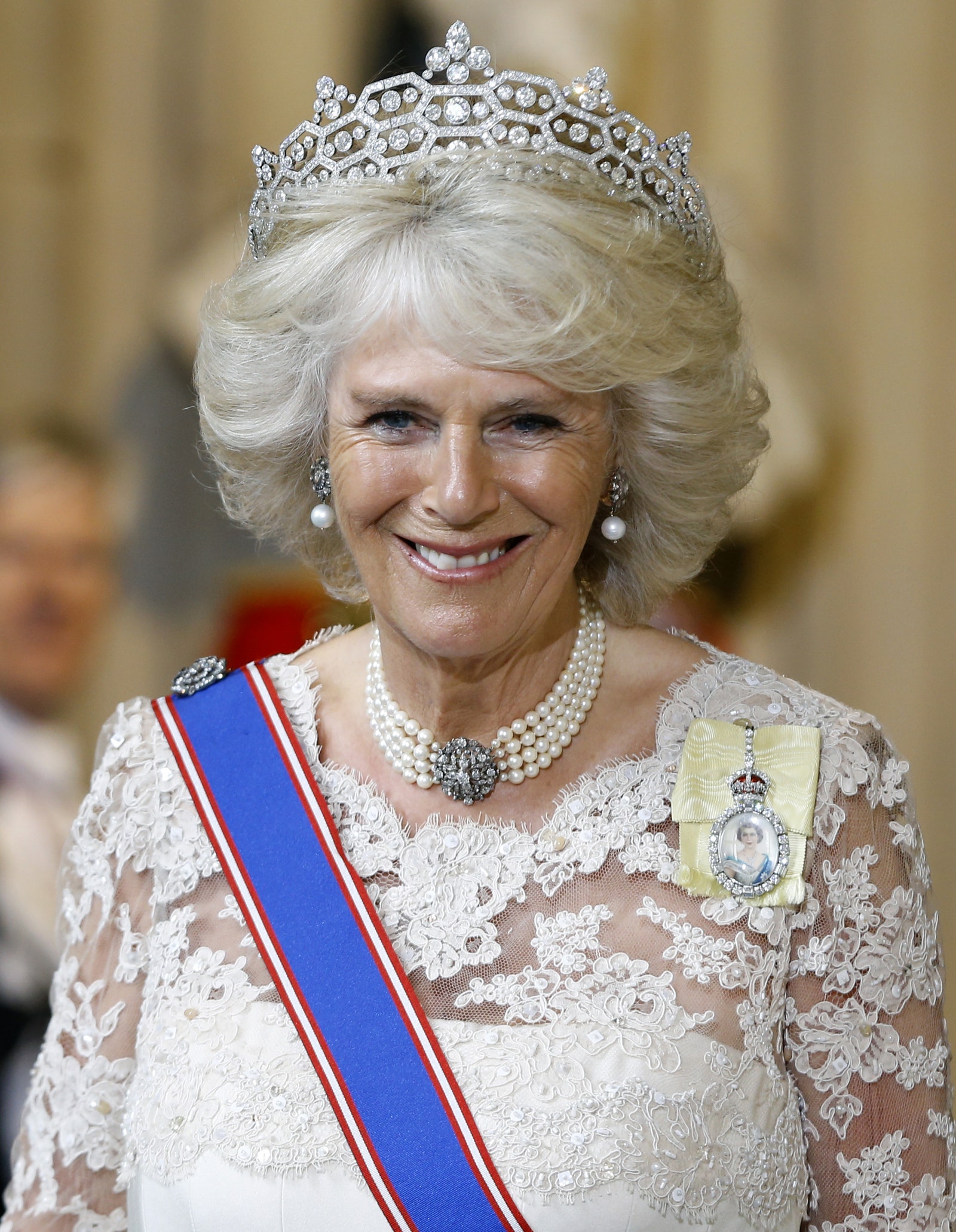 Inside Queen Camilla's tiara collection pictured the Greville Tiara worn to the State Opening of Parliament in 2013