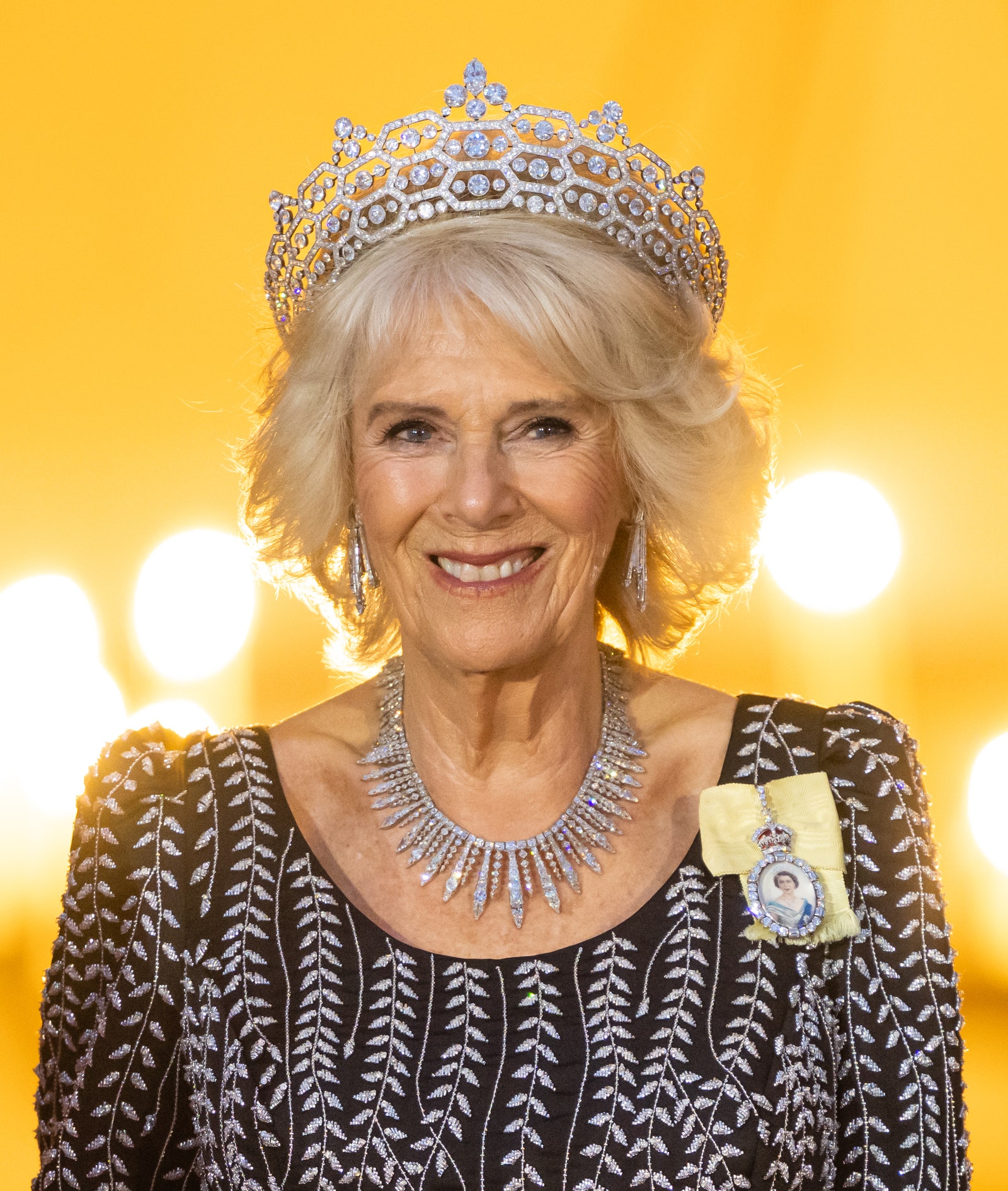 Queen Camilla in the Greville Tiara tiara for the state banquet in Germany March 2023