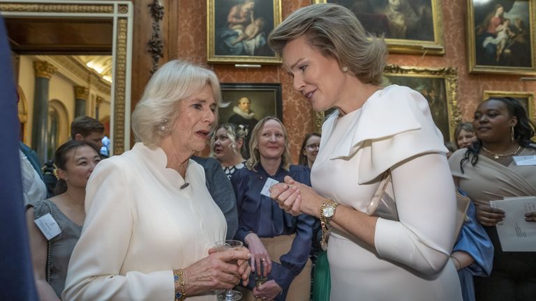 The Queen Consort with Queen Mathilde of Belgium during a reception at Buckingham Palace, London