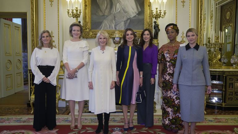 The Countess of Wessex, Queen Mathilde of Belgium, Camilla, the Queen Consort, Queen Rania of Jordan, Danish Crown Princess Mary, the first lady of Sierra Leone Fatima Maada Bio, and the first lady of Ukraine Olena Zelenska during a reception at Buckingham Palace, London, to raise awareness of violence against women and girls as part of the UN 16 days of Activism against Gender-Based Violence
