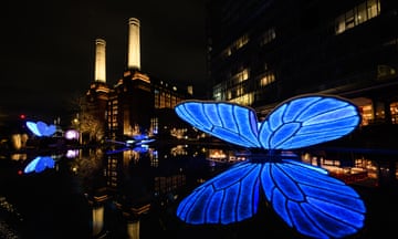 Butterfly Effect, an illuminated sculpture by Masamichi Shimada, in front of Turbine Hall at Battersea Power station in London, England.
