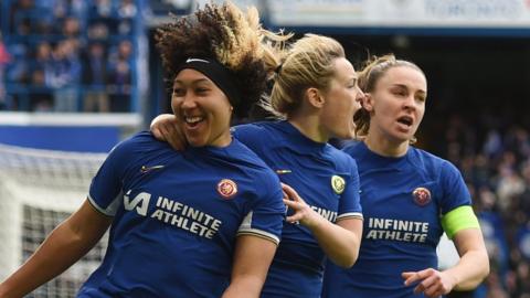 Chelsea's Lauren James, Erin Cuthbert and Niamh Charles celebrate after James scores against Manchester United