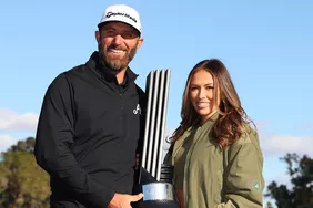 Dustin Johnson and Paulina Gretzky after winning during day three of the LIV Golf Invitational - Las Vegas on February 10, 2024.