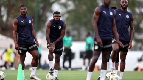 Ivory Coast's players attend a training session at the technical highschool stadium in Abidjan on February 10, 2024 on the eve of the 2024 Africa Cup of Nations (CAN) final.
