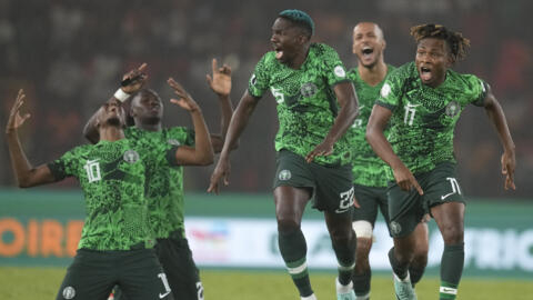 Nigeria's players celebrate winning the penalty shootout during the African Cup of Nations semifinal soccer match between Nigeria and South Africa at the Peace of Bouake stadium in Bouake Bouake, Ivory Coast, February 7, 2024.