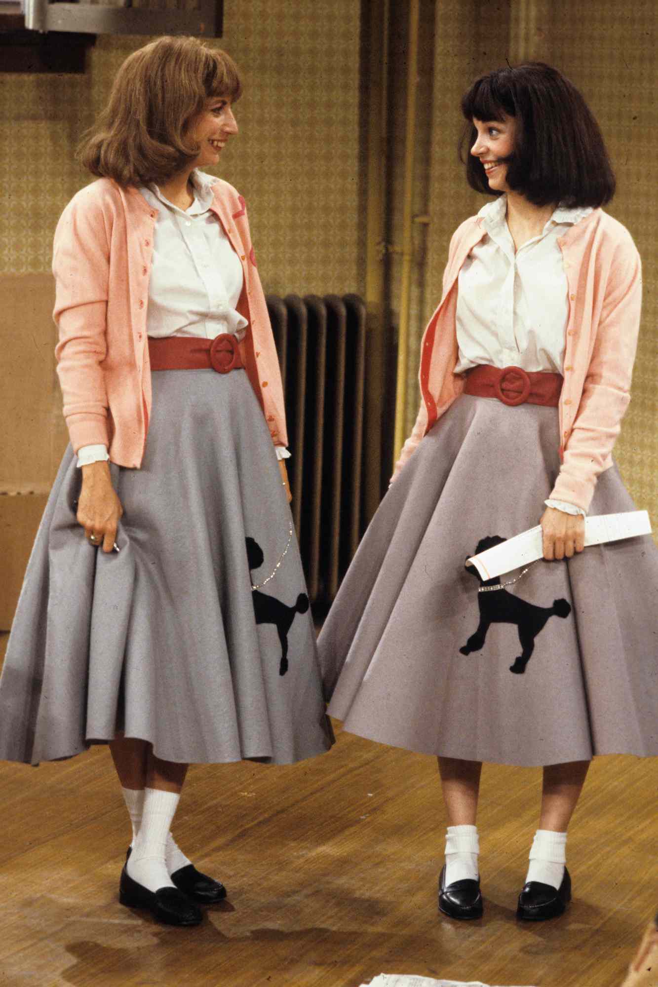 Penny Marshall, Cindy Williams wearing poodle skirts on Laverne & Shirley