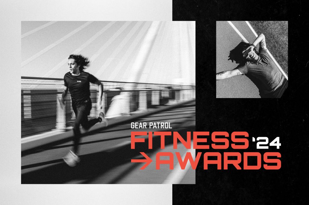 black and white photos of someone running with a headline that says gear patrol fitness awards 24