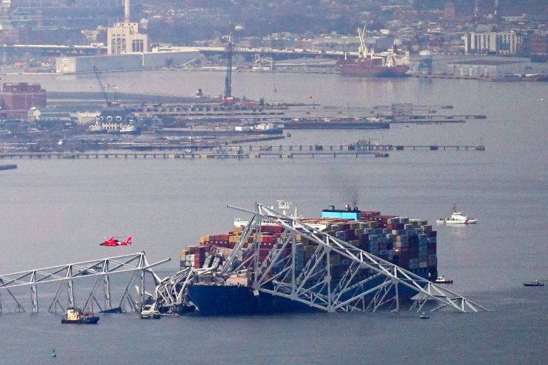 View of the Dali cargo vessel which crashed into the Francis Scott Key Bridge causing it to collapse in Baltimore, Maryland, US, March 26