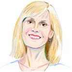 An illustration of Jacqueline Winspear shows a smiling middle-aged woman with brown eyes and shoulder-length blonde hair. She is wearing a white blouse and small dangling earrings.