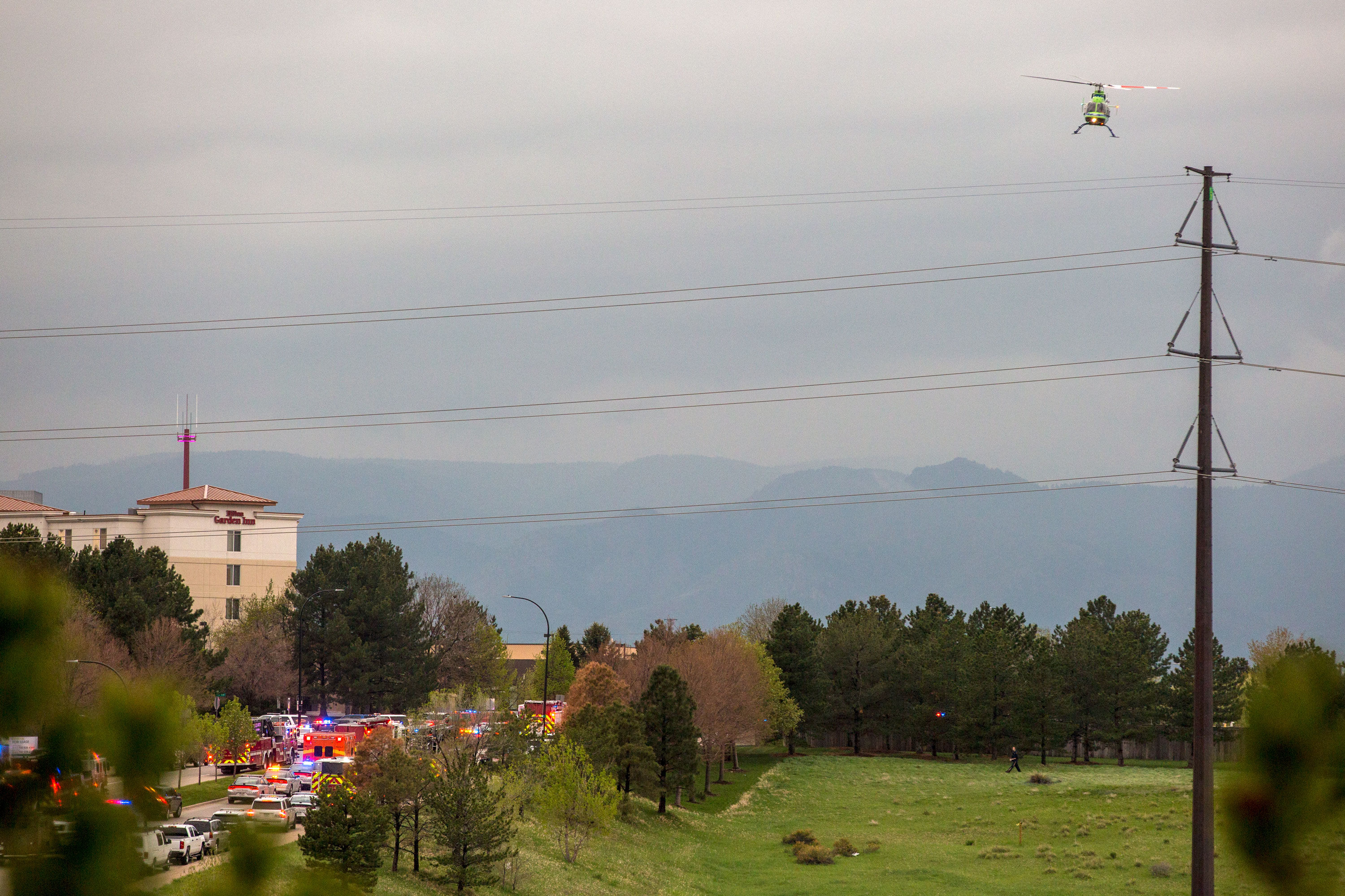 Photo: STEM School Shooting 2 | First responder chopper lifting off near STEM School Highlands Ranch