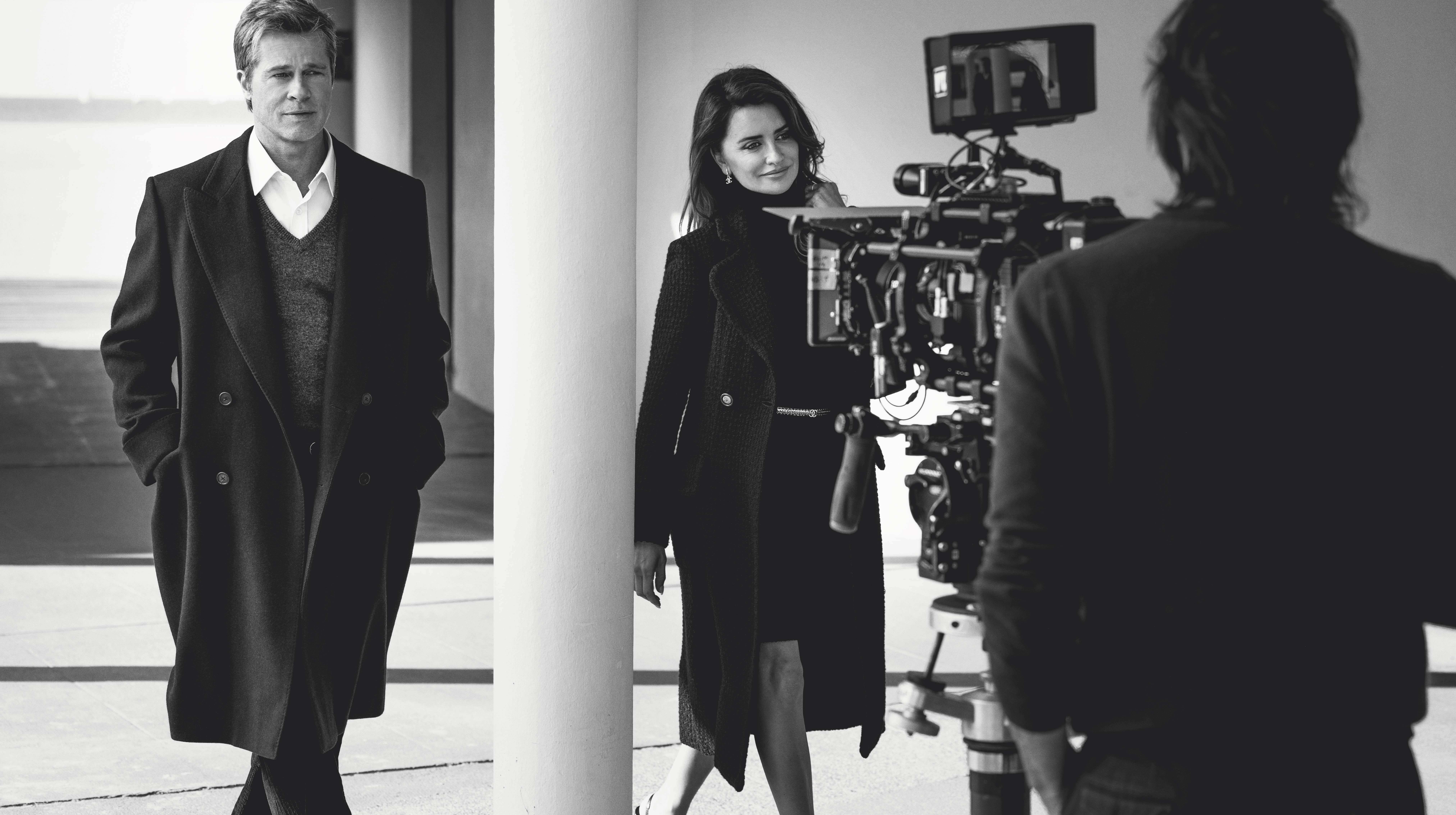 Brad Pitt and Penélope Cruz during filming for Chanel's handbag ad campaign.