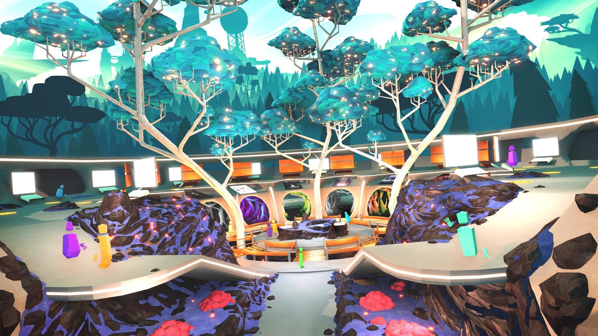 A colorful gallery of art rooms circle around a garden with illustrated trees reaching up to the sky.