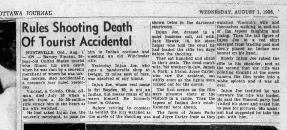 A 1956 Ottawa Journal article on the shooting death of a tourist.