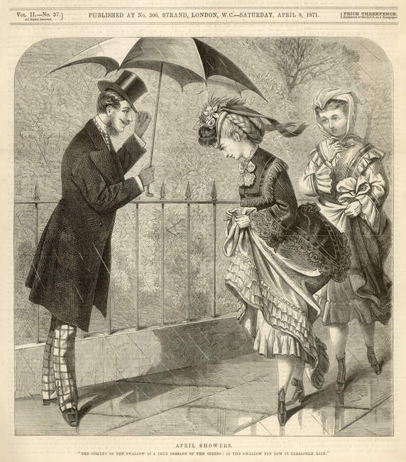 Gentleman offers to share his umbrella. Date: 1871