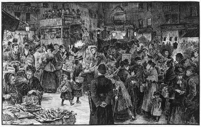 Saturday evening shopping East End of London. Date: 1894
