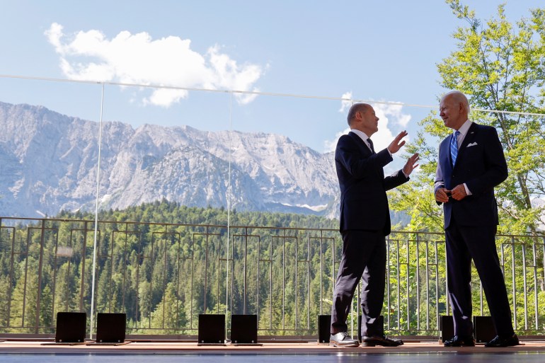 German Chancellor Olaf Scholz and U.S. President Joe Biden meet on the day of the G7 leaders summit at Bavaria's Schloss Elmau castle, near Garmisch-Partenkirchen, Germany