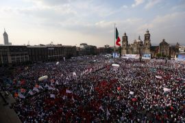 Supporters attend the campaign kickoff rally of presidential candidate Claudia Sheinbaum in Mexico City&#039;s Zocalo square on March 1 [ Luis Cortes/Reuters]