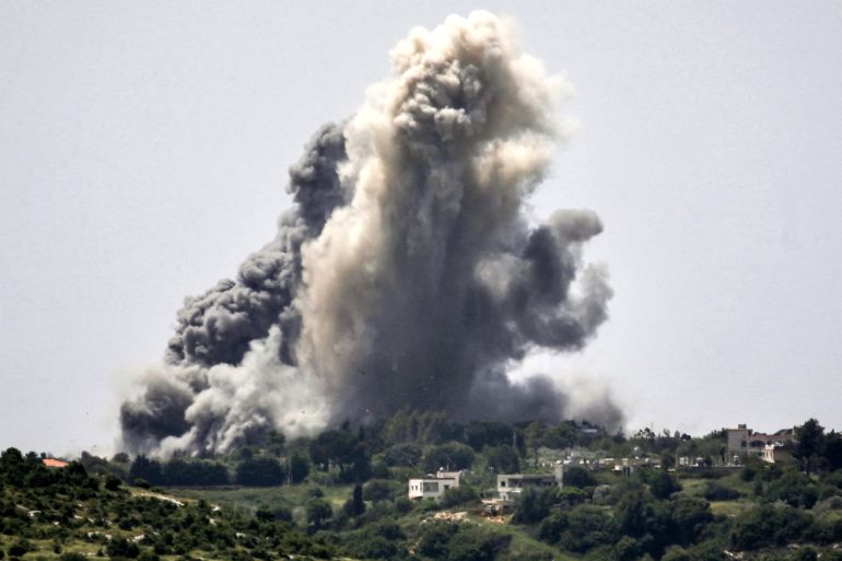 Smoke plumes erupt during Israeli bombardment on the village of Alma al-Shaab in south Lebanon on April 25, 2024 amid ongoing cross-border tensions as fighting continues between Israel and Palestinian Hamas militants in the Gaza Strip. (Photo by AFP)