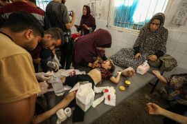The wounded, including children, are brought to Al-Ahli Baptist Hospital in Gaza City, Gaza after the Israeli army attacked the Al-Nazla school building, where displaced Palestinians were sheltering in the Saftawi neighborhood, Saturday [Dawoud Abo Alkas/Anadolu]