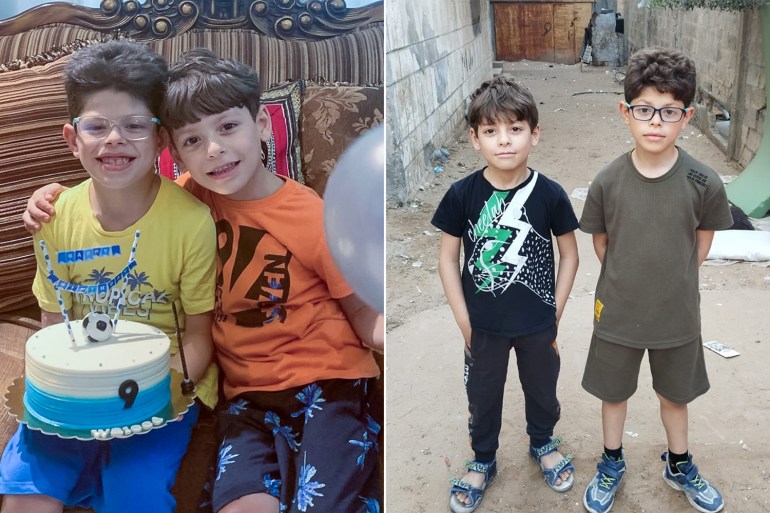 Khader Al Belbesy's children. 9-year-old Walid and 7-year-old Hamoud, before the war in their home (L) and after the war displaced to Rafah (R) 