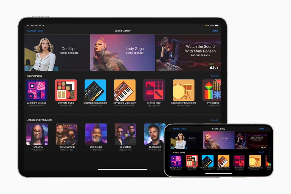 The Sound Library in the GarageBand app, displayed on iPad Pro and iPhone 12 Pro.