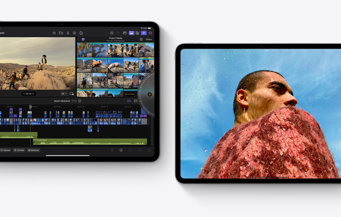 兩部 iPad Pro 分別顯示 Final Cut Pro 2.0 和照片 app。