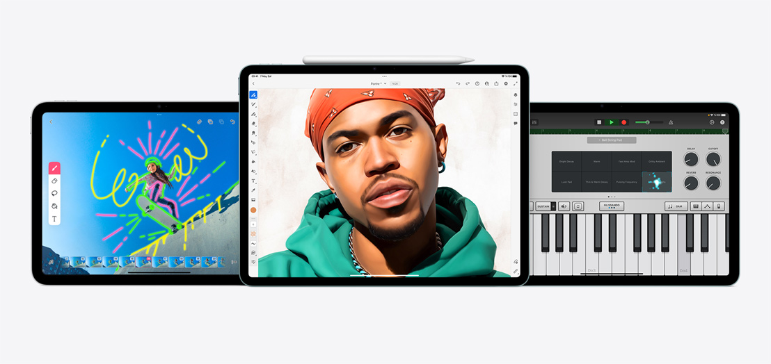 Ekranlarında FlipaClip, Adobe Fresco ve GarageBand uygulamaları gösterilen bir iPad ve iki iPad Air.